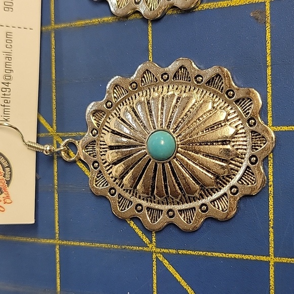 Silver Tone Turquoise Faux 2" Earrings - Picture 2 of 2